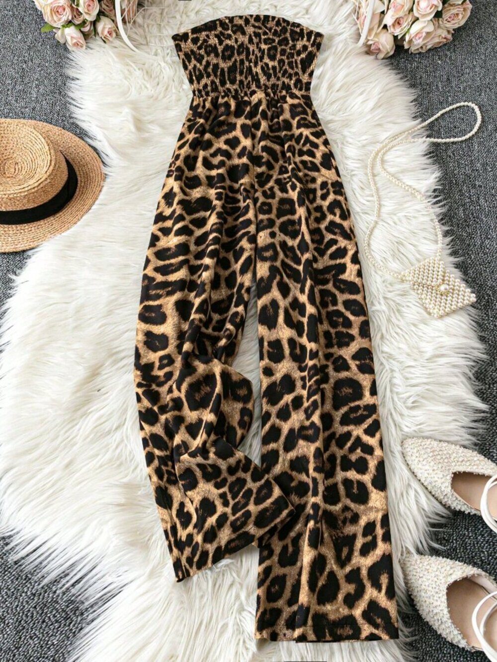 Multicolor Casual Women's Leopard Print Strapless One-Piece Jumpsuit